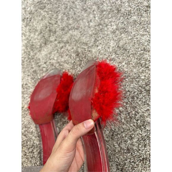 JEFFREY CAMPBELL Luxuries Feather Sandal Acrylic Heels Red Genuine Feathers 11 - Picture 7 of 15